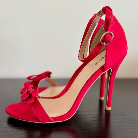Qupid | Red Suede Bow Stiletto Heels - Picture 3 of 6
